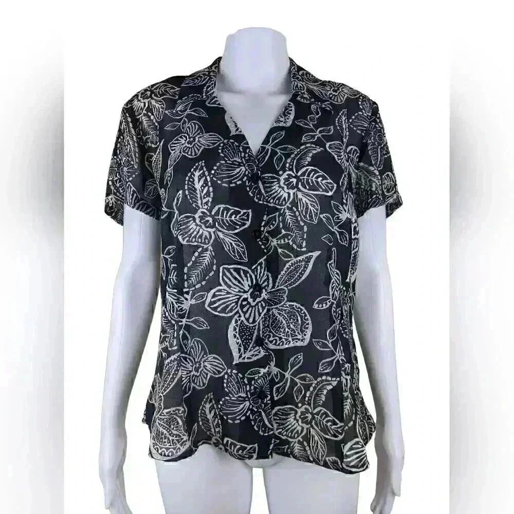 Rena Rowan 14 Plus Size Tropical Leaf Sheer Short Sleeve VNeck Button Down Shirt